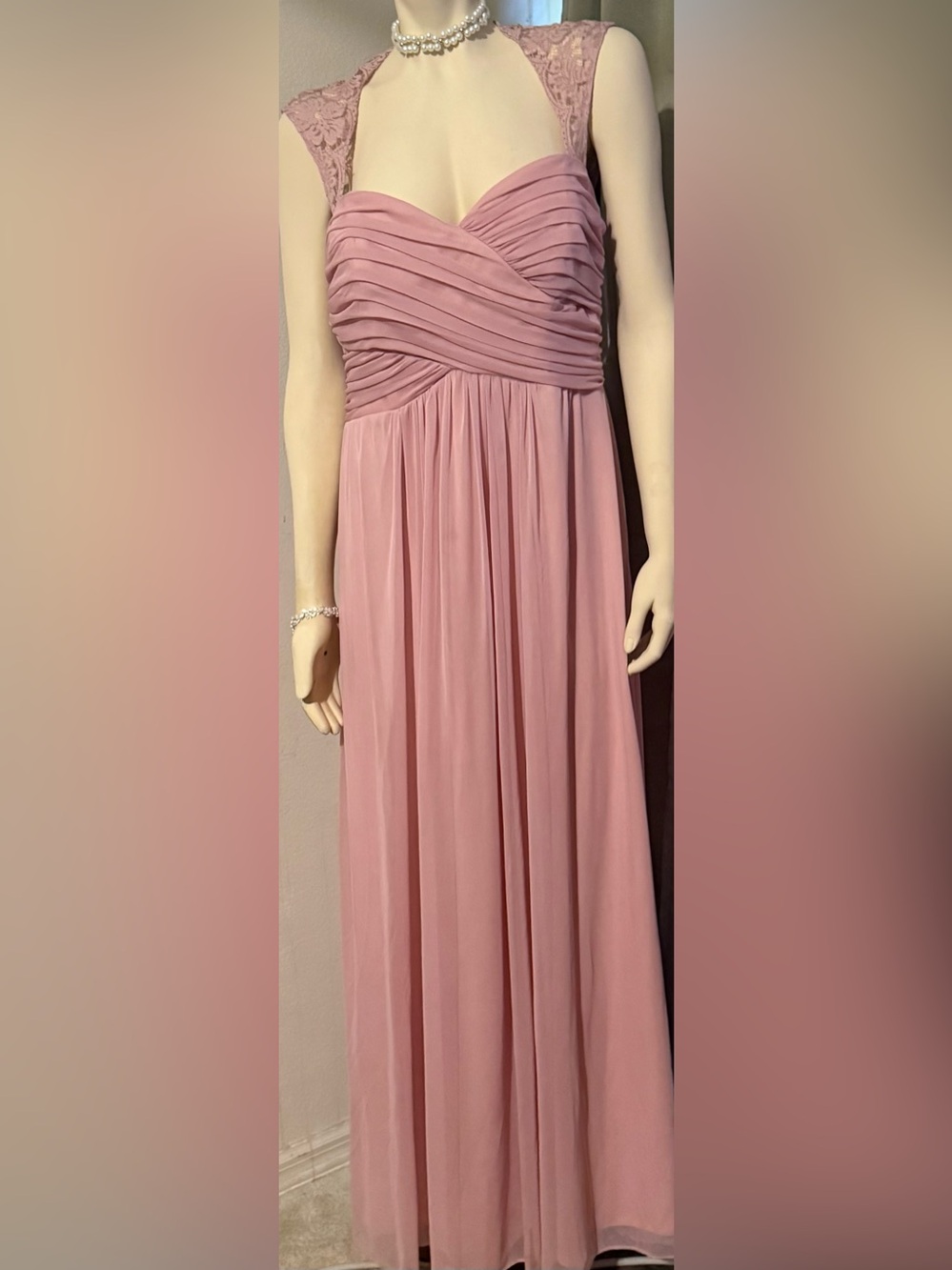 Xscape Dusty Rose Lace Cap Sleeve Evening Gown